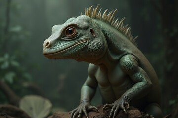 Close-up of a Realistic Green Lizard in a Lush Forest