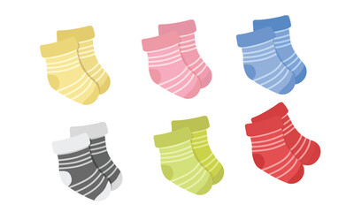Baby socks vector illustration in cartoon style.  Newborn socks for boys and girls. Baby shower, baby clothing, baby element clipart in flat design isolated on a white background.