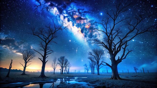 Night Photography of Ramin Trees in a Deforested Landscape with Starry Sky and Environmental Impact Focus