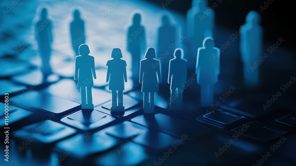 Poster a paper cut-out of people standing on top of and around the keyboard, creating an iconographic repre