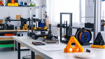 A modern 3D printing lab with 3D printers and filament spools, Prototype models and technical drawings meticulously arranged, Innovative maker style