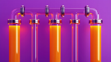 Bright orange liquids in transparent tubes connected by shiny pipes, set against a vibrant purple background, creating a striking visual contrast.