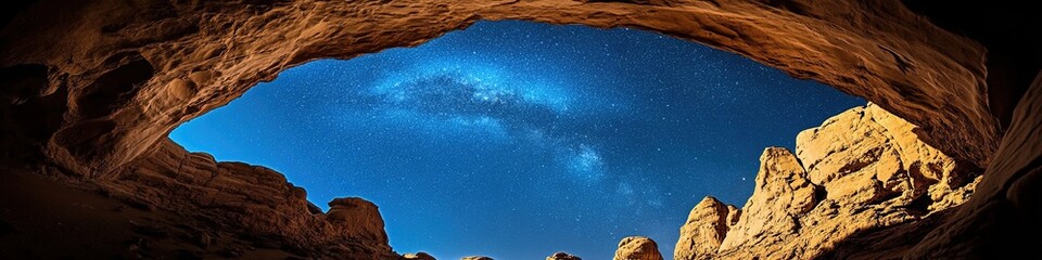  In the center of an arch, the sky is full of stars and the Milky Way can be seen in it. The bottom view shows rocks that form the opening of a cave.