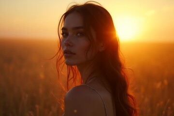 Portrait of a Young Woman at Sunset in a Golden Wheat Field