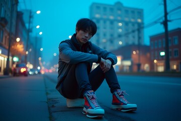 Young Asian Male Sitting on Sidewalk at Dusk in Urban Setting