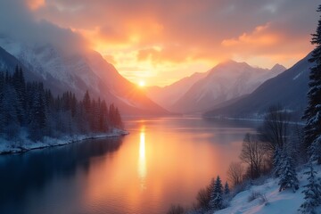 Serene Winter Sunset Over Snowy Mountain Lake