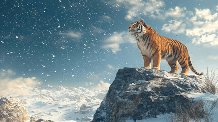 Obraz premium Majestic Saber-Toothed Tiger Standing Proudly on Rocky Outcrop in Snowy Landscape