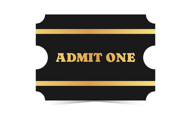 Golden admit one template design. Cinema, theater, casino, concert, film, party, festival gold ticket. Metal gradient and black coupon. Vector illustration on white background