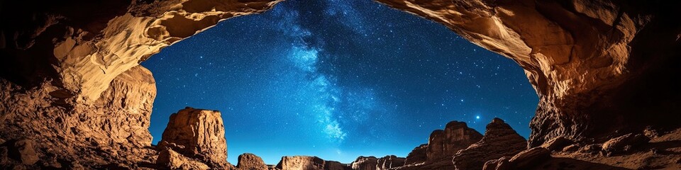  In the center of an arch, the sky is full of stars and the Milky Way can be seen in it. The bottom view shows rocks that form the opening of a cave.