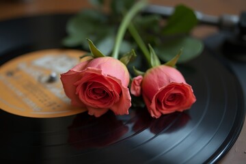 Two Pink Roses on Vintage Vinyl Record Player