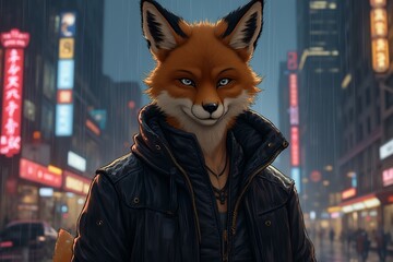 Stylish Anthropomorphic Fox in Urban Night Scene