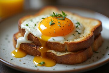 Delicious Toast with Poached Egg and Fresh Herbs