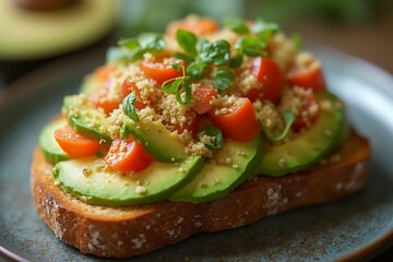 Avocado Toast with Cherry Tomatoes and Herbs on Rustic Plate