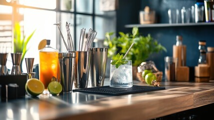 A modern mixology bar with cocktail shakers and spirits, Bar tools and ingredients neatly placed, Contemporary cocktail style