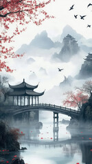 Fototapeta premium A Chinese landscape painting with ancient bridges and pavilions