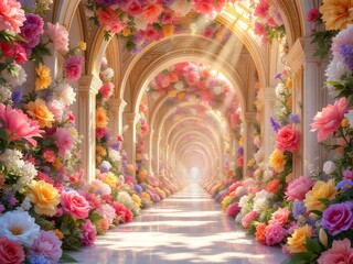 Enchanting Floral Archway with Vibrant Blossoms and Sunlight