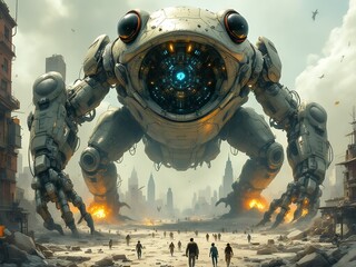 Futuristic Robot Frog in Post-Apocalyptic Cityscape