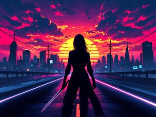 Silhouette of a Warrior with a Sword Against a Neon Sunset
