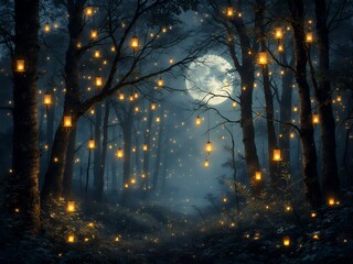 Magical Forest Path Illuminated by Lanterns and Fireflies