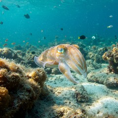 Vibrant Cuttlefish Swimming Among Coral Reef