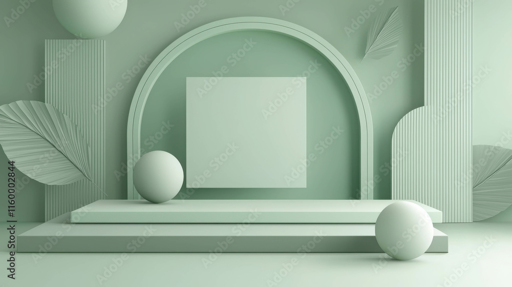 Poster sleek green geometric composition with rectangular shapes and circular elements