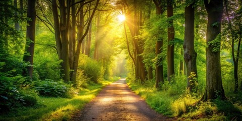 Obraz premium Sun Rays Illuminating a Lush Forest Pathway with Vibrant Greenery and Playful Shadows, Perfect for Nature Lovers and Outdoor Enthusiasts