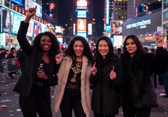Four Diverse Young Women Celebrating in Times Square at Night