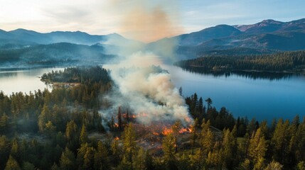 An aerial drone view captures a controlled forest burn, with smoke gently rising in organized patches, ensuring the fire remains manageable.