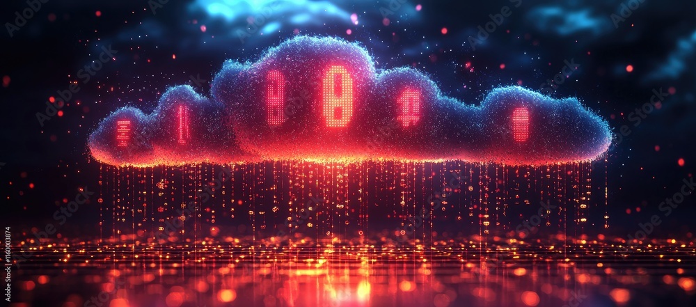 Poster a digital cloud with glowing symbols and data streams, representing technology and connectivity.