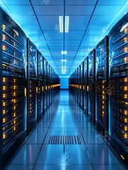 High Tech Data Center with Advanced Server Equipment and Blue LED Lighting for Networks : Generative AI