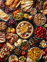 Variety of colorful Mediterranean foods presented in an inviting arrangement perfect for buffet or catering inspiration : Generative AI