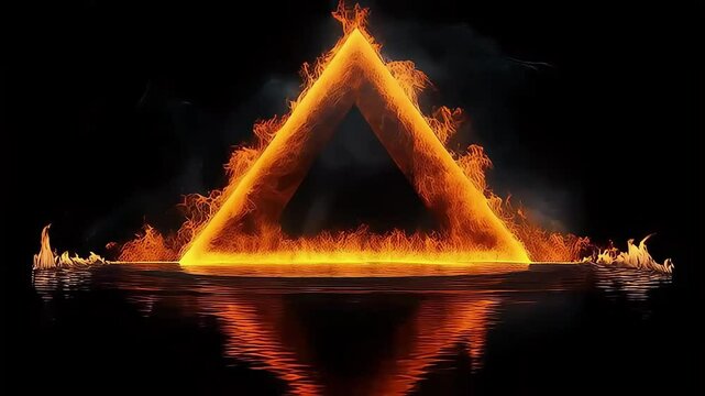 Vivid flame triangle reflecting on dark water, evoking a sense of mystery and intensity.