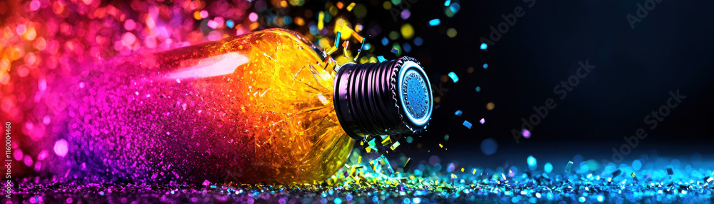 Aufkleber a vibrant bottle spills colorful particles, creating a dynamic and energetic visual effect against a