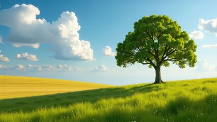 Fototapeta premium Solitary Tree on a Rolling Green Hill Under a Blue Sky, on grunge background, on grunge background