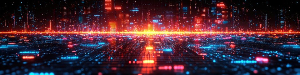 Fototapeta premium A digital landscape featuring glowing data streams and futuristic city elements.