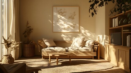 Cozy beige living room with natural decor and wooden furniture, sunlight casting shadows