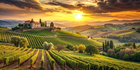 Naklejka premium Vintage Style Photography of Tuscany Vineyards - Scenic Landscape, Rolling Hills, Grape Harvest, Rustic Charm, Italian Countryside, Wine Region, Natural Beauty, Sunlit Fields, Travel Destination