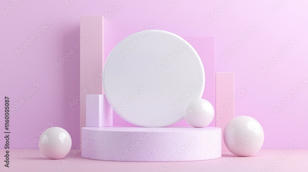 Poster minimalist display of geometric shapes studio 3d render soft lighting abstract aesthetic