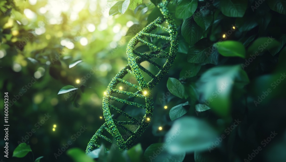 Poster dna helix in lush green foliage with glowing particles.