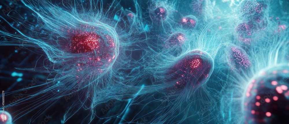 Poster microscopic view of glowing cells with intricate network.