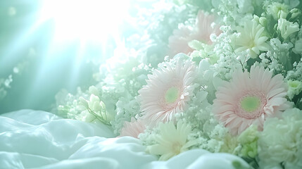 Soft pink and white flowers bouquet with green leaves and sunlight rays, for mockup or overlay effect, floral arrangement Isolated on transparent background, png