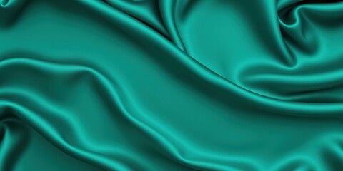 Fototapeta premium Dark teal green silk satin. Shiny smooth fabric. Soft folds. Luxury background with space for design. web banner. Flat lay, top view table. Birthday, Christmas, Valentine, New year