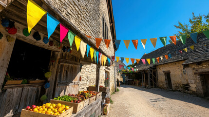 Vibrant Country Market Setup in Traditional Village Square on a Sunny Day
