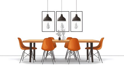 Dining room with wooden table, modern chairs, and minimalistic decor