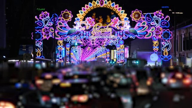 Beautiful Singapore Little India street light-up during the Deepavali / Diwali festive season. 4K quality video of Deepavali / Diwali Decorations.