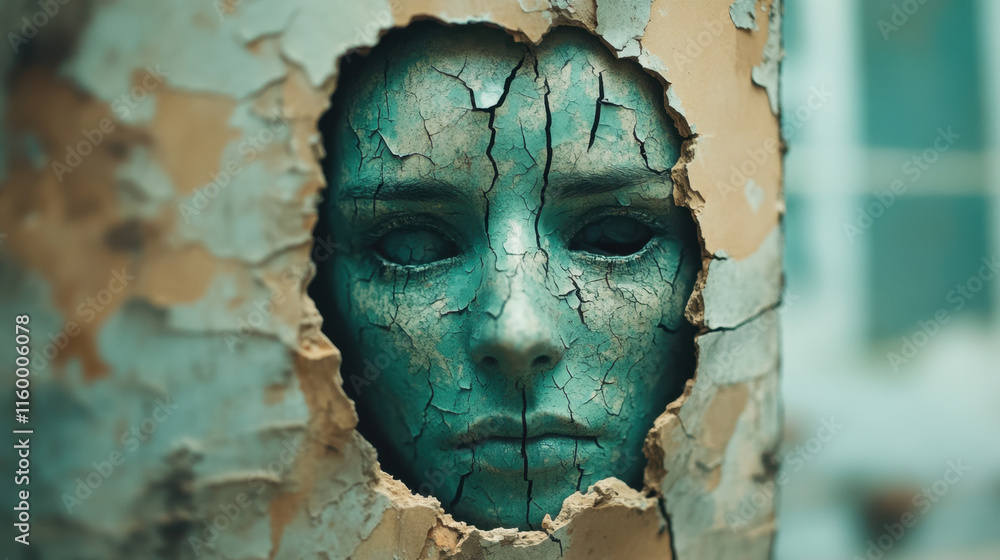 Poster discombobulate, a distorted reflection of a person is seen in a cracked mirror, creating an intrigui