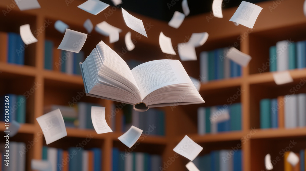 Poster discombobulate, a whimsical image of a library scene featuring books dramatically falling off shelve