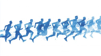Naklejka premium Business corporation competition. Dynamic silhouette of runners in blue hues, showcasing movement and energy.