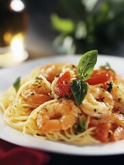 Fototapeta premium Rich Shrimp Pasta Dish with Delicious Fresh Herbs and VineRipened Tomatoes : Generative AI