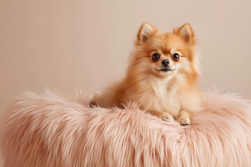 A fluffy Pomeranian dog sits on top of a furry pink pillow, creating an adorable and cozy scene in light beige tones